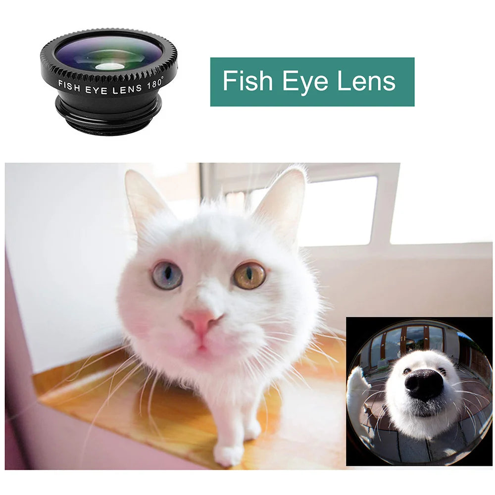 Kit de Lentes 3 en 1 para Móvil – Ojo de Pez, Gran Angular 0.67X y Macro
