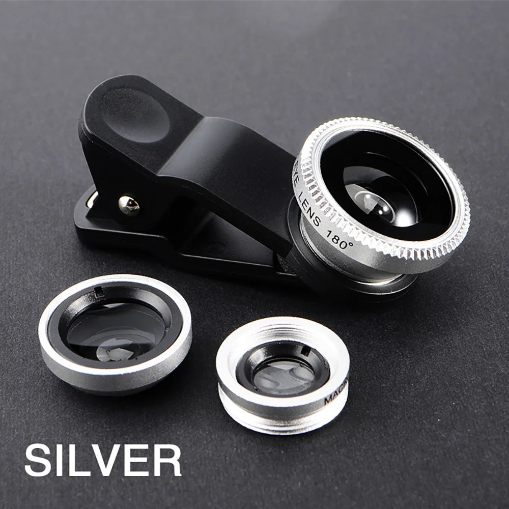 Kit de Lentes 3 en 1 para Móvil – Ojo de Pez, Gran Angular 0.67X y Macro