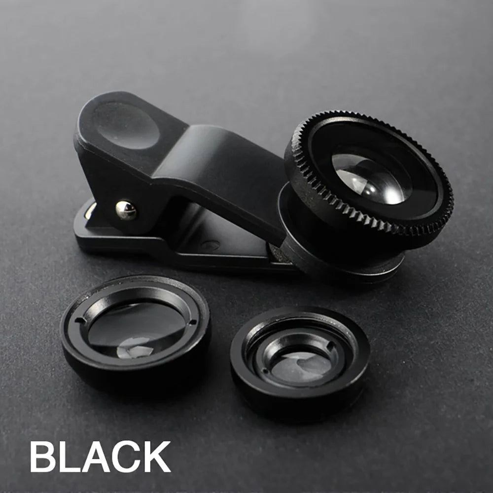 Kit de Lentes 3 en 1 para Móvil – Ojo de Pez, Gran Angular 0.67X y Macro