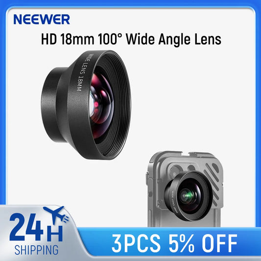 Lente Gran Angular NEEWER HD 18mm 100° para iPhone y Samsung – Adaptador 17mm
