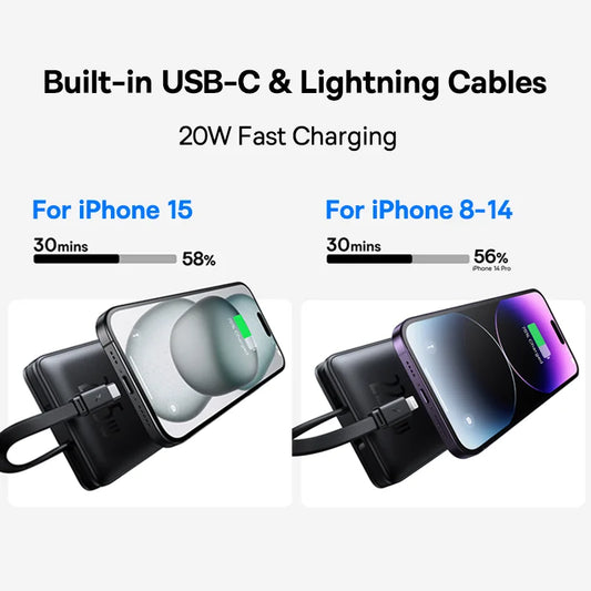 Power Bank Baseus 22.5W con Cables Integrados – Compatible con iPhone 15 y Más